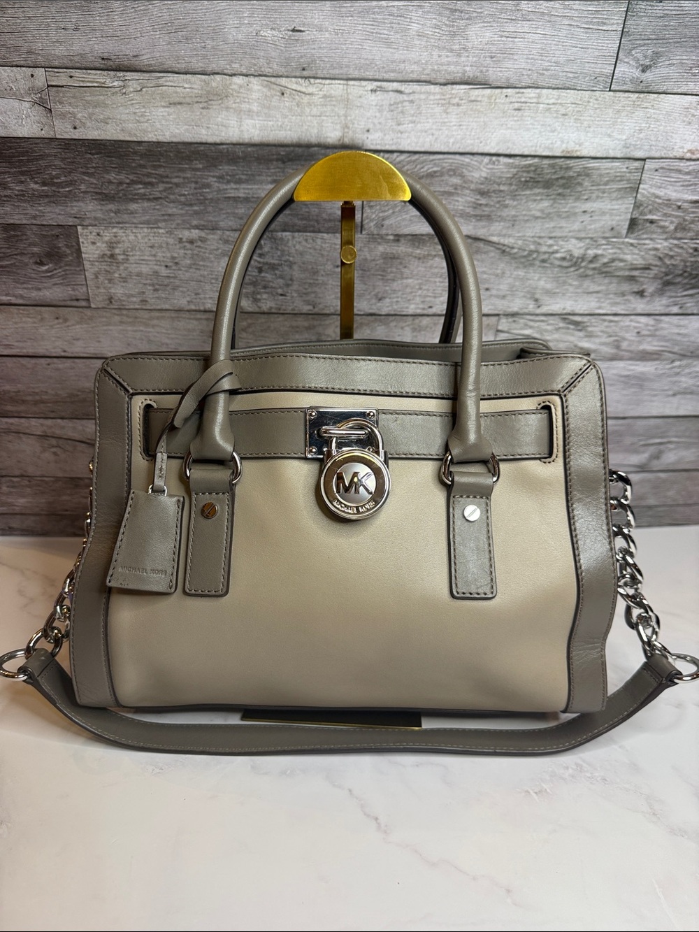 Michael Kors Hamilton Large Two-Tone Leather Satchel Gray Cream EUC